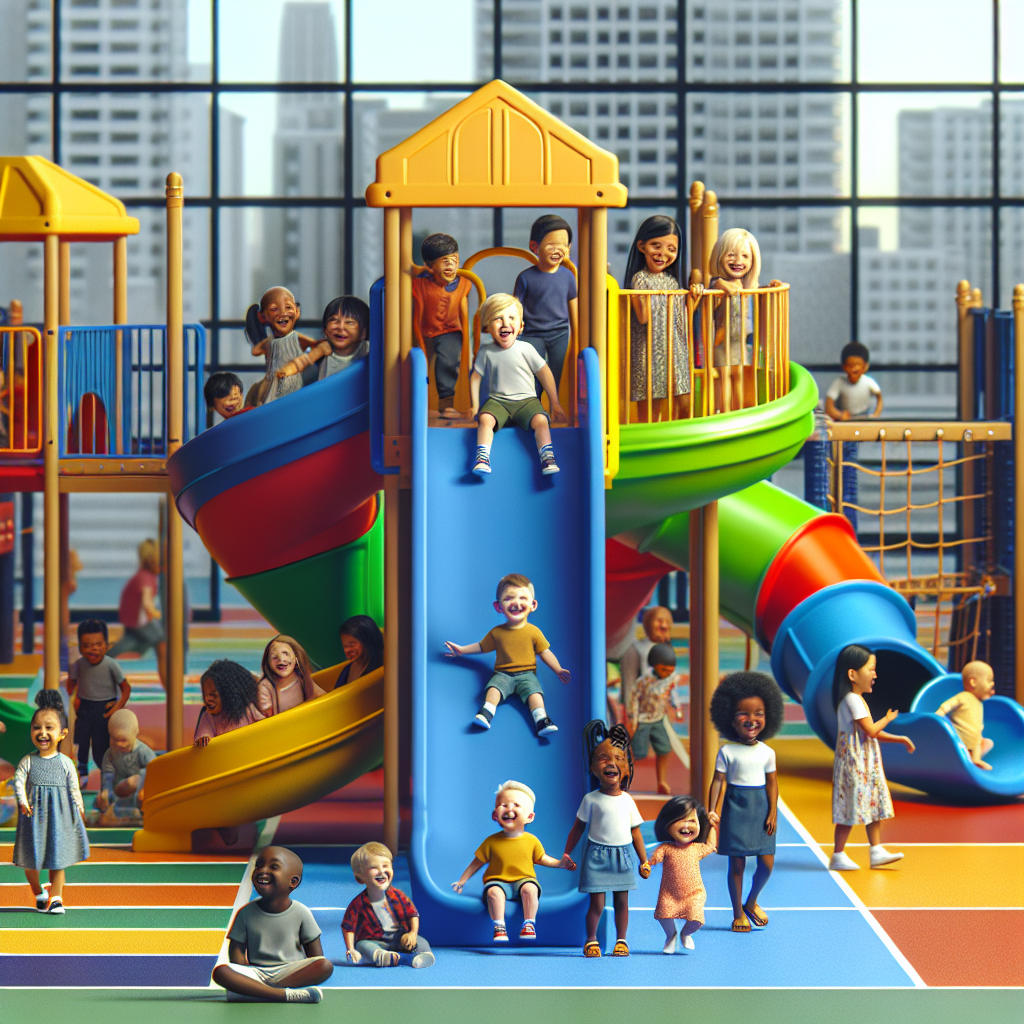 A vibrant indoor play area featuring colorful indoor slides and children playing happily