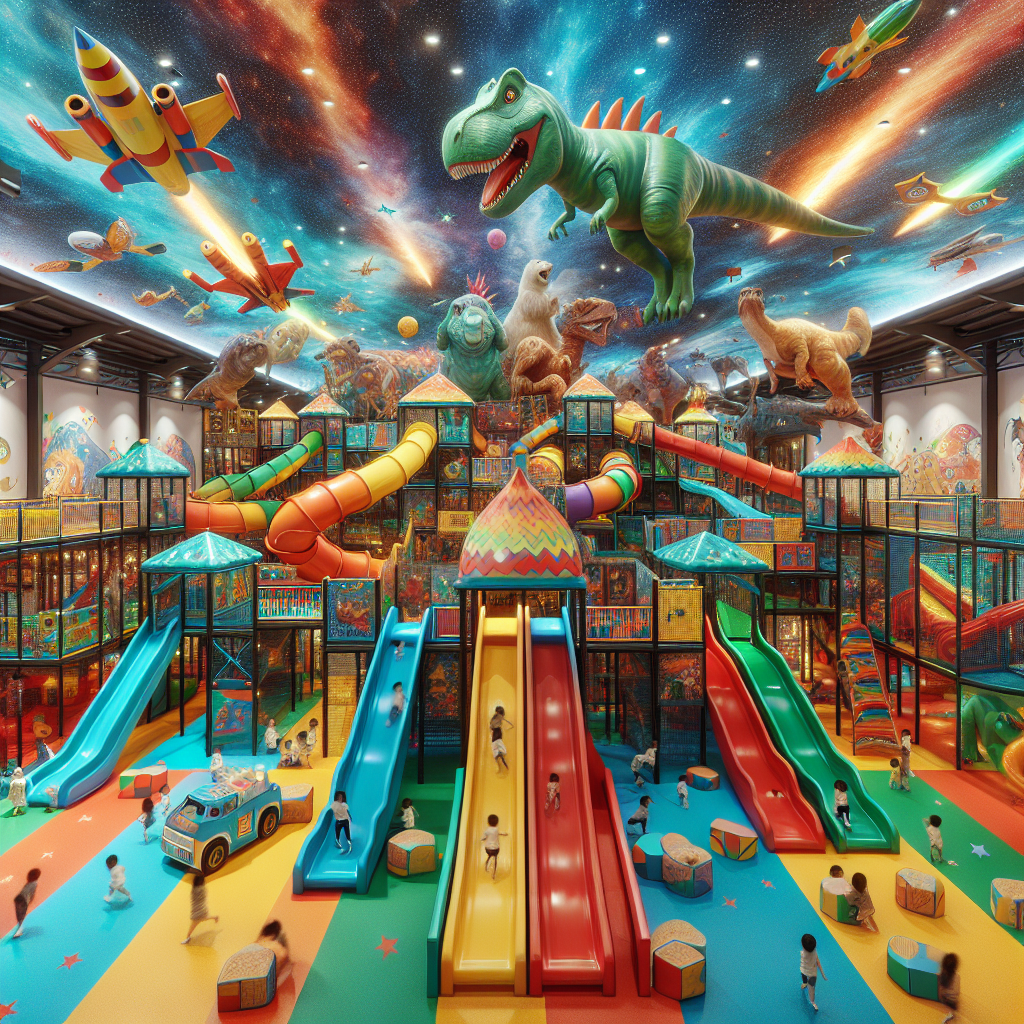 A colorful indoor play area featuring various types of indoor slides including small toddler slides, large themed slides, and imaginative designs like dinosaurs and space themes.