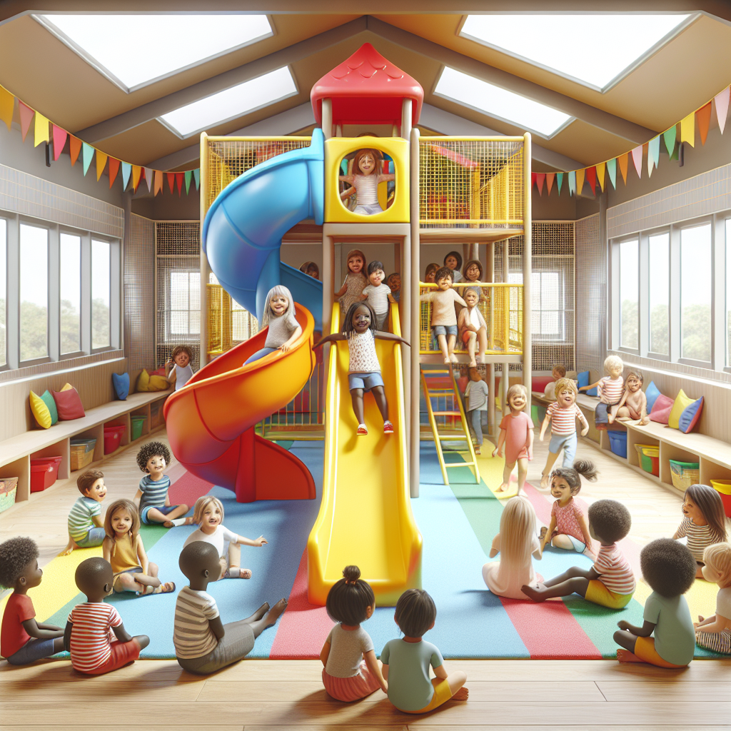 A colorful indoor slide in a vibrant playroom with children playing safely
