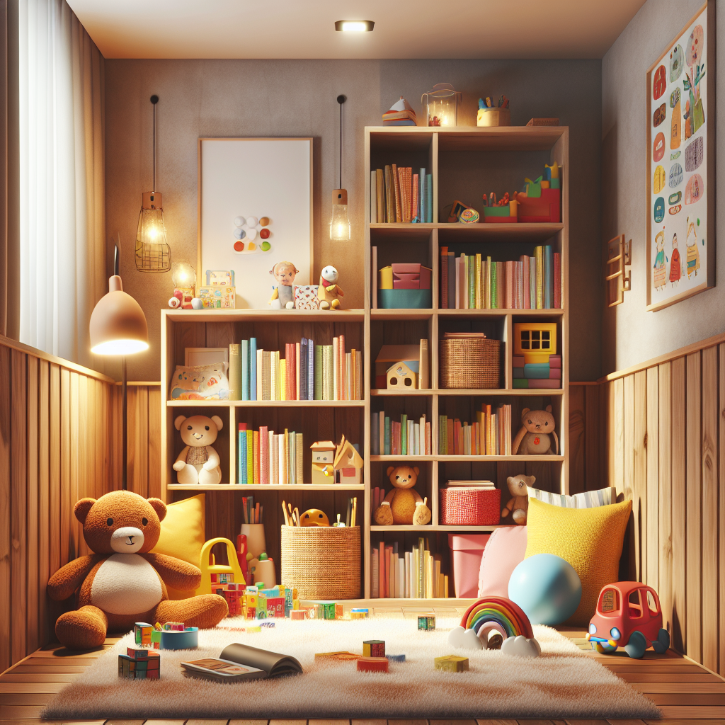 A cozy children's room featuring a small wooden bookshelf filled with colorful books and toys, bright colors, warm lighting