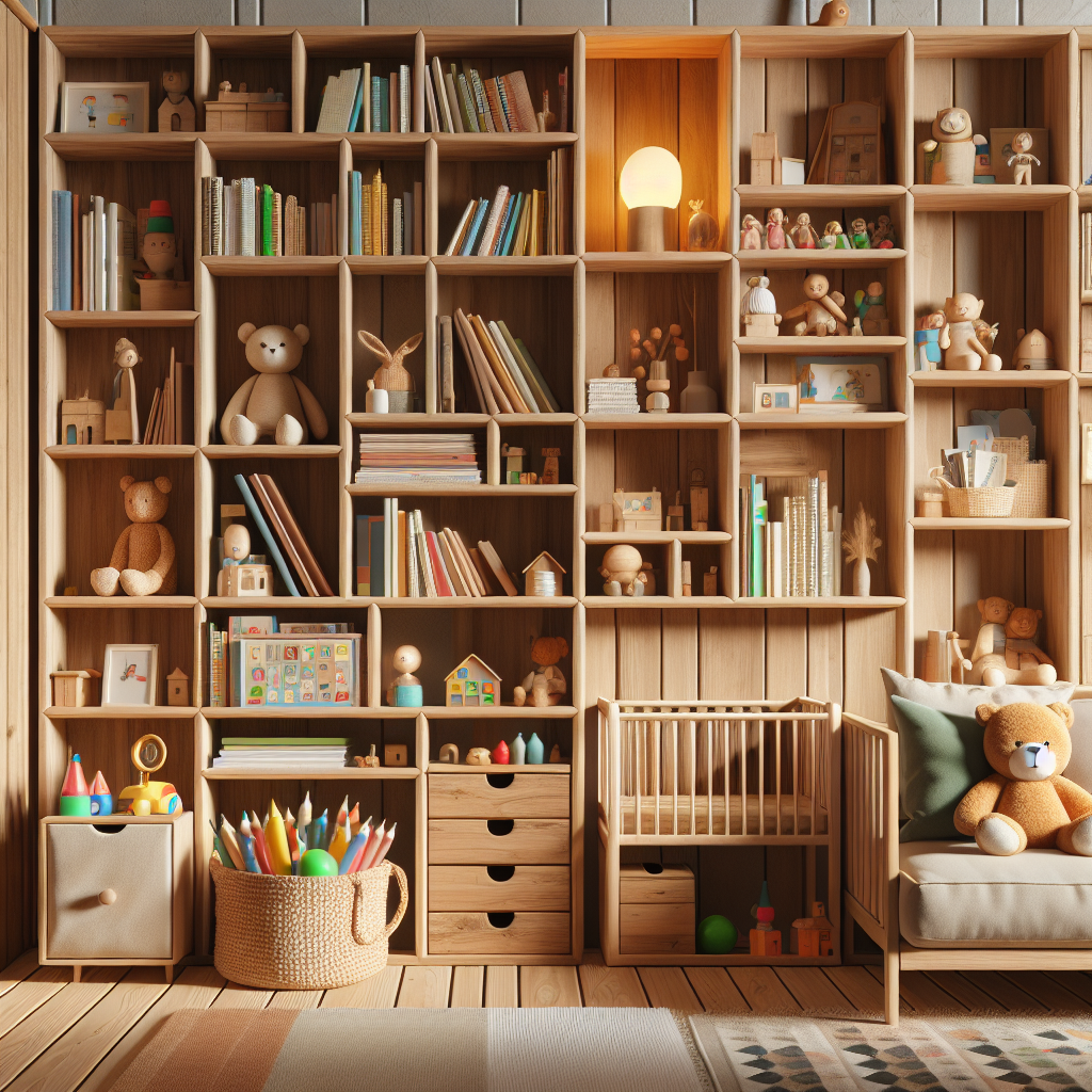A cozy children's room featuring various types of small wooden bookshelves including compact, narrow, and rustic designs filled with colorful children's books