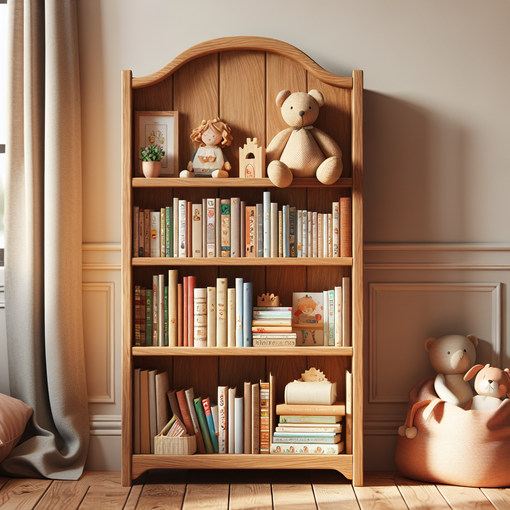 A beautifully crafted small wooden bookshelf made from oak with children's books on display in a cozy kids' room