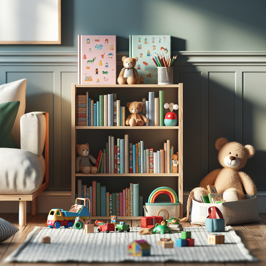 A beautifully maintained small wooden bookshelf filled with colorful children's books and toys in a cozy kids' room setting