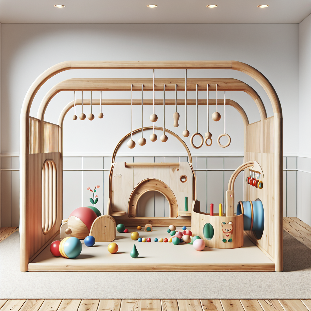 A beautifully designed Montessori play gym with natural wooden elements and colorful sensory toys for infants