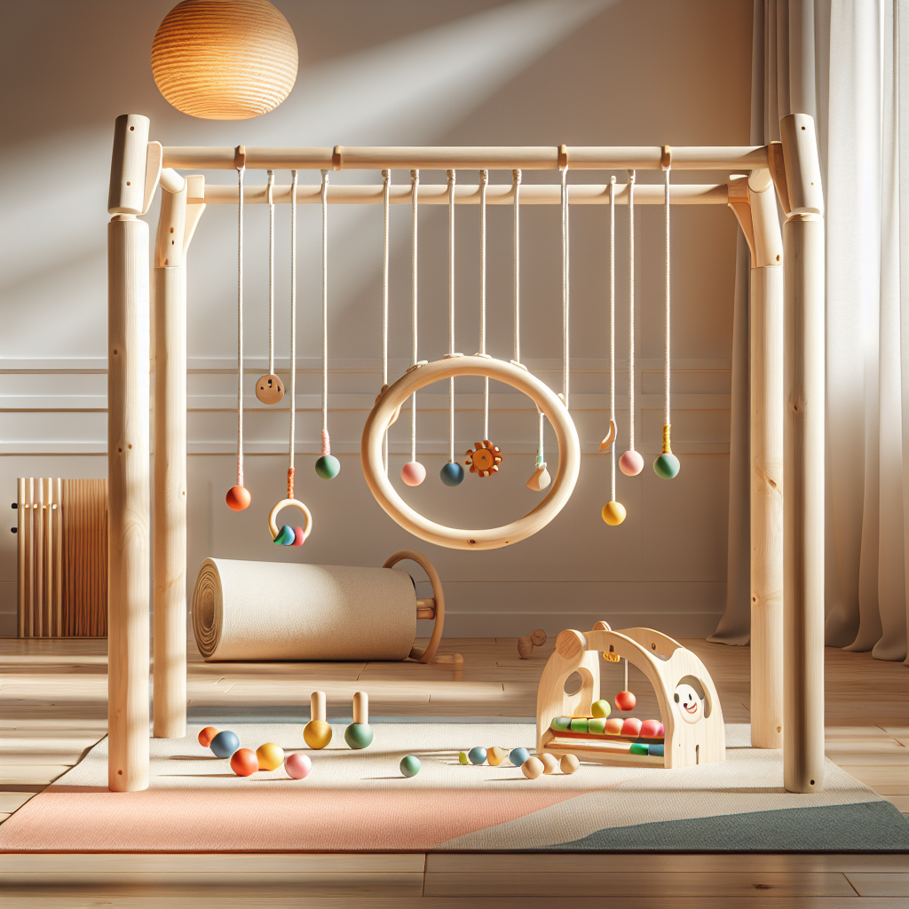 A beautifully designed Montessori play gym made from natural wood with colorful sensory toys hanging down, set in a bright room with an organic cotton mat underneath.