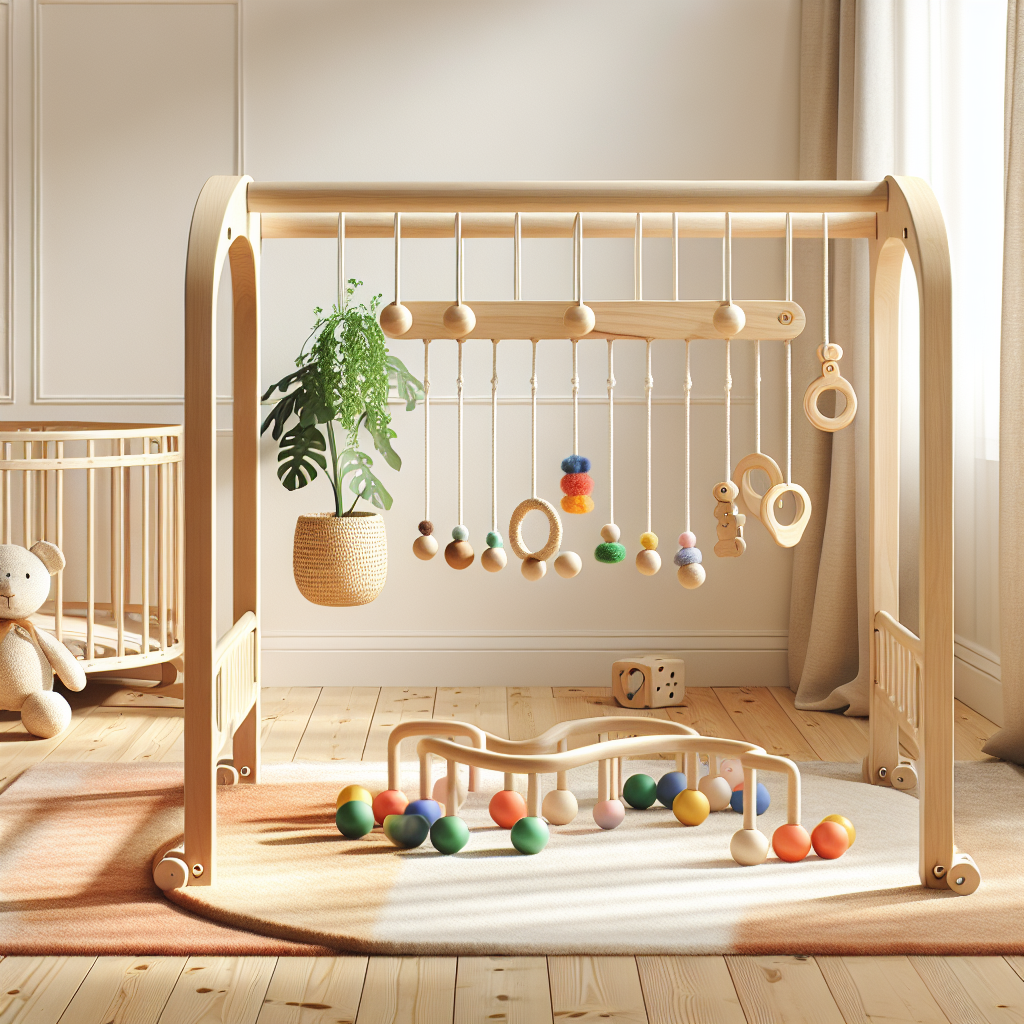 A stylish Montessori play gym made from natural wood with colorful sensory toys hanging down, set in a bright nursery with soft organic cotton mat.