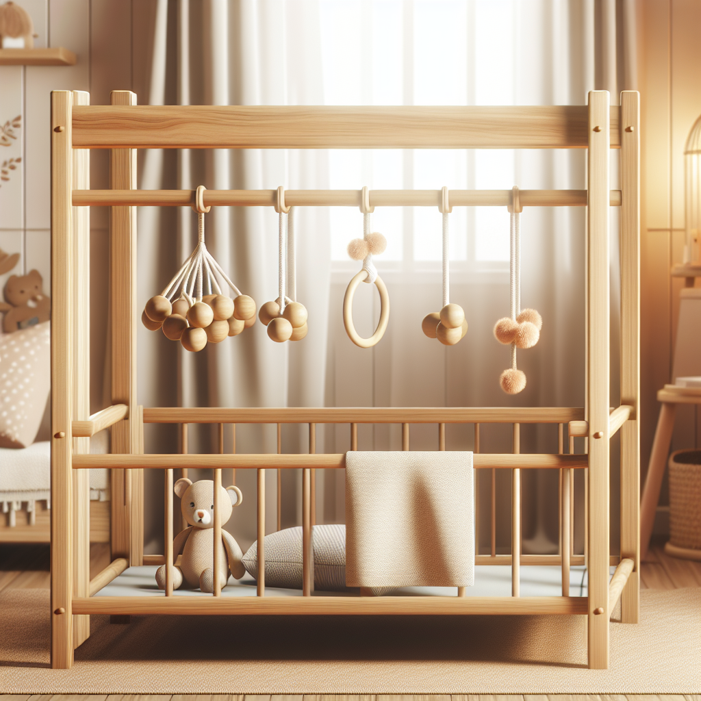 A beautiful wooden Montessori play gym with hanging toys in a cozy nursery setting