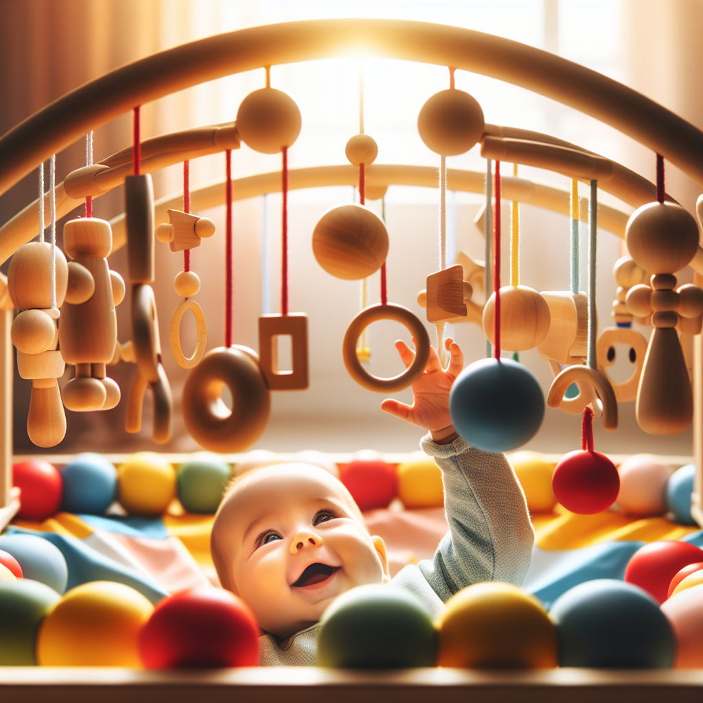 A bright and colorful Montessori play gym with wooden toys hanging down, surrounded by a joyful baby reaching for them. The setting is cozy with soft natural light filtering through a window.