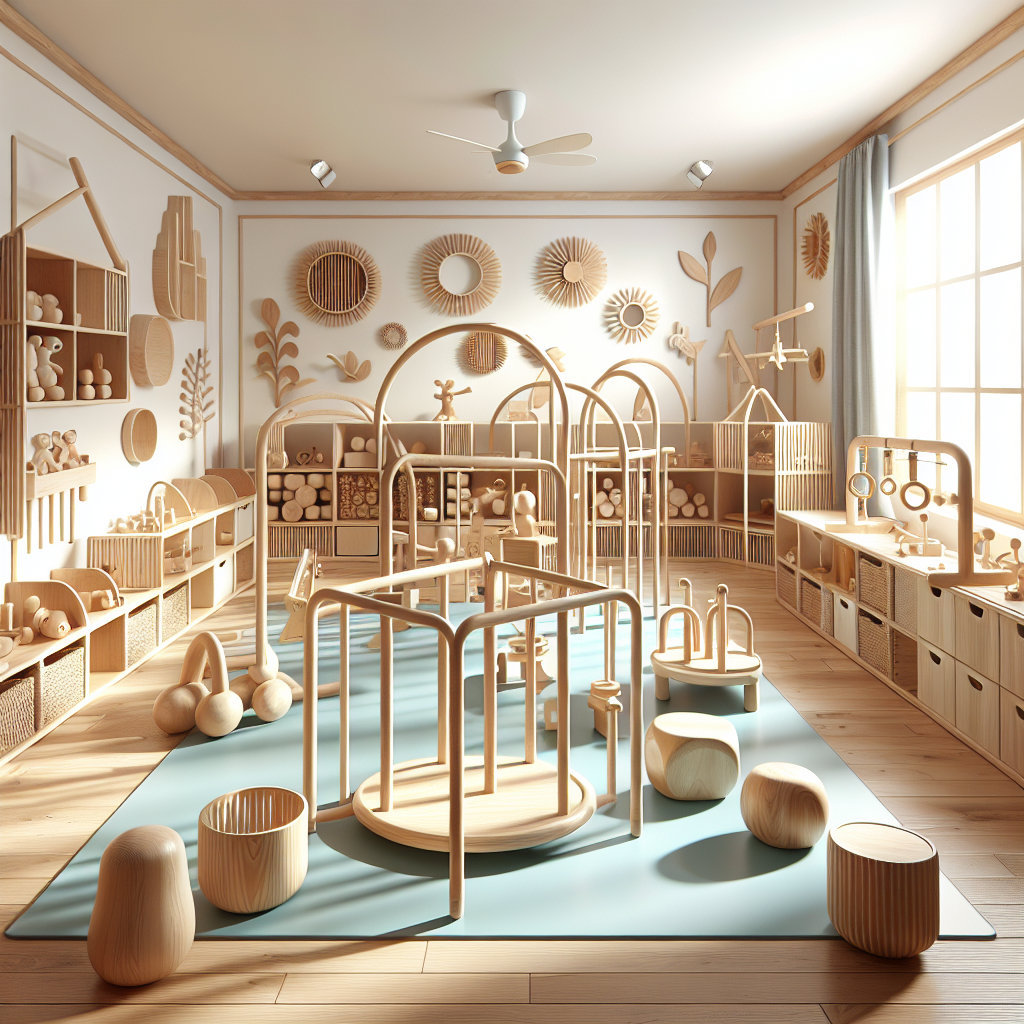 A variety of Montessori play gyms including wooden, organic, minimalist designs set in a bright nursery room