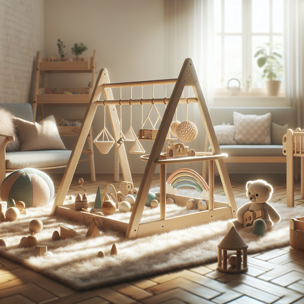 A cozy nursery setting featuring a wooden Montessori play gym surrounded by eco-friendly toys and soft textures