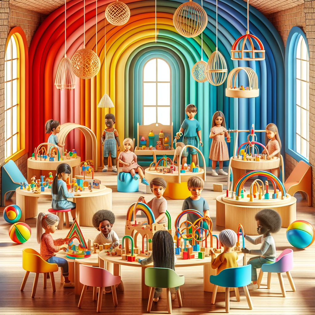 A vibrant playroom featuring various wooden arch toys in use by children, showcasing imagination and creativity