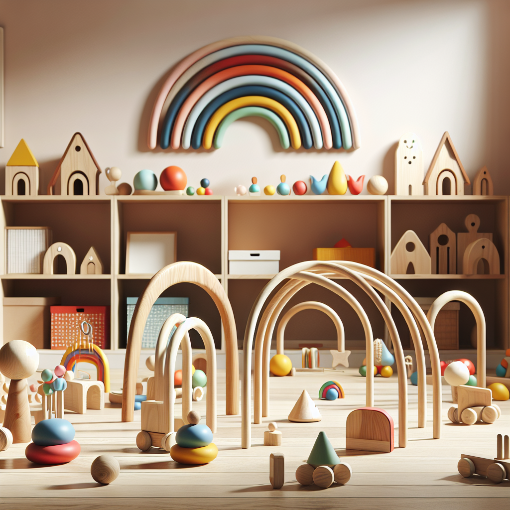 A colorful array of handcrafted wooden arch toys in a bright playroom setting, showcasing different shapes and sizes that stimulate children's creativity.
