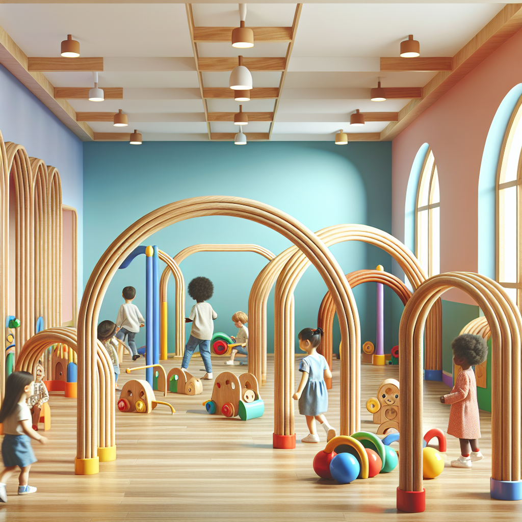 A vibrant indoor playroom featuring various wooden arch toys in different styles including curved and freestanding designs. Children playing joyfully with these toys.
