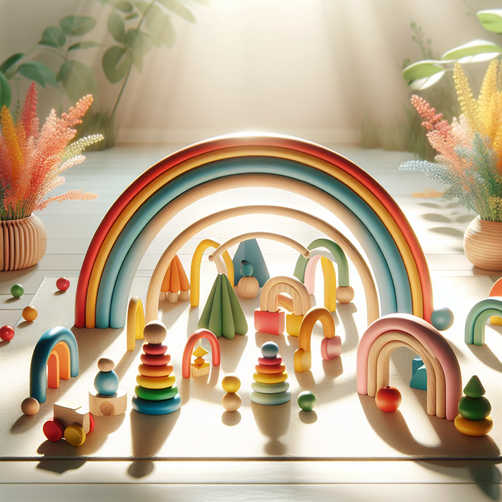A beautifully arranged scene showcasing various colorful wooden arch toys on a clean play mat with sunlight filtering through trees