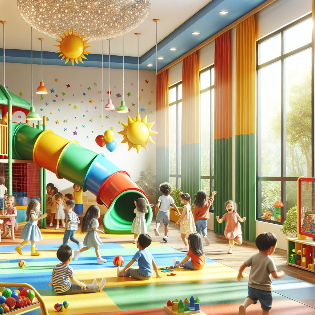 A colorful indoor slide set in a bright playroom with children playing happily
