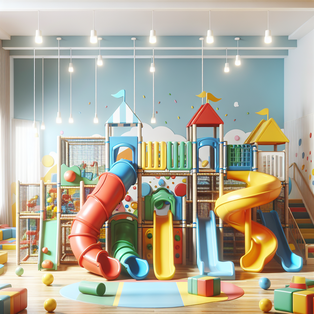 A colorful indoor playground featuring various types of indoor slides including toddler slides, climbing combos, foam slides, wooden slides and plastic slides in a bright playroom setting.