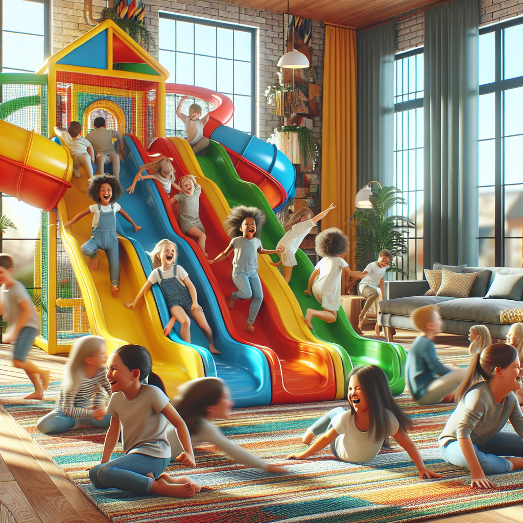 A colorful indoor slide set up in a modern living room with children playing on it