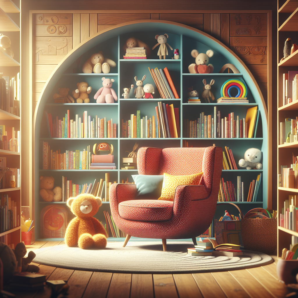 A cozy reading nook featuring a colorful children's lounge chair surrounded by bookshelves filled with children's books and plush toys