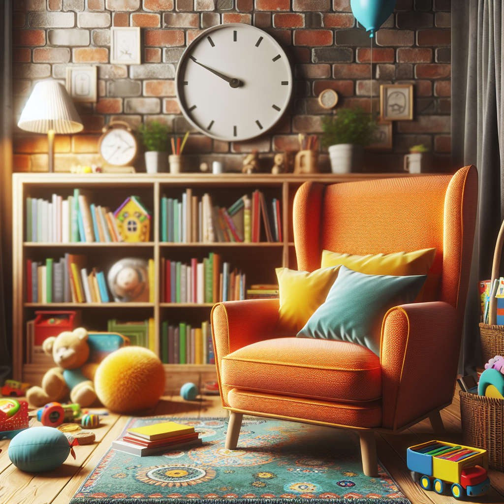 A colorful children's lounge chair in a cozy reading nook filled with books and toys