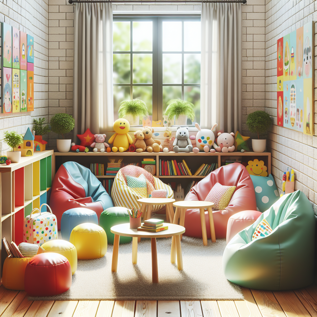 A cozy children's lounge chair setup in a bright playroom, featuring colorful bean bags and themed chairs around a small table with books