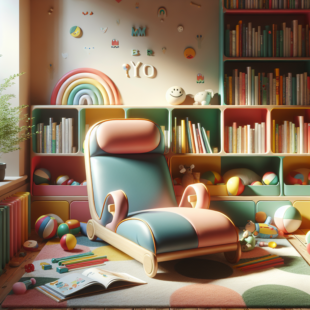 A colorful children's lounge chair surrounded by books and toys in a cozy reading nook