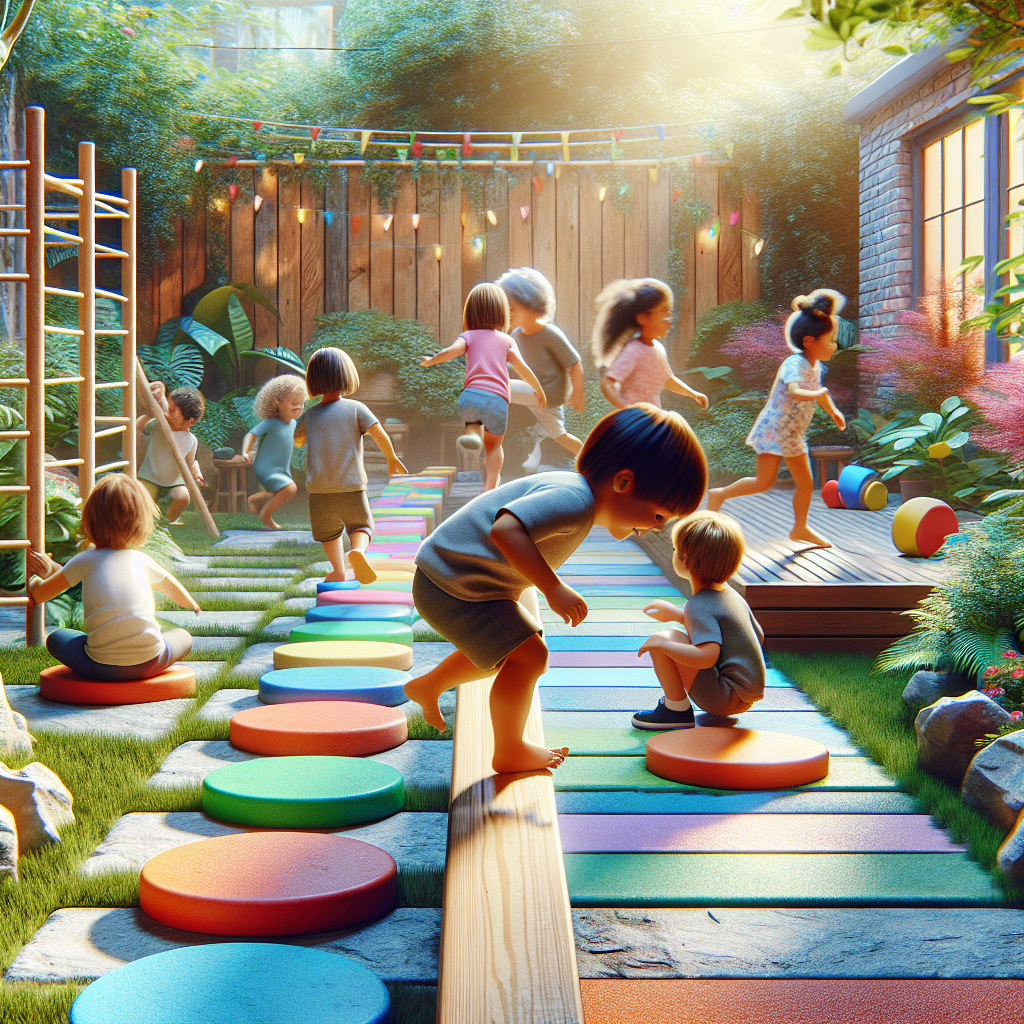 A colorful backyard scene with kids playing on a wooden balance beam and jumping between vibrant stepping stones, showcasing joy and physical activity