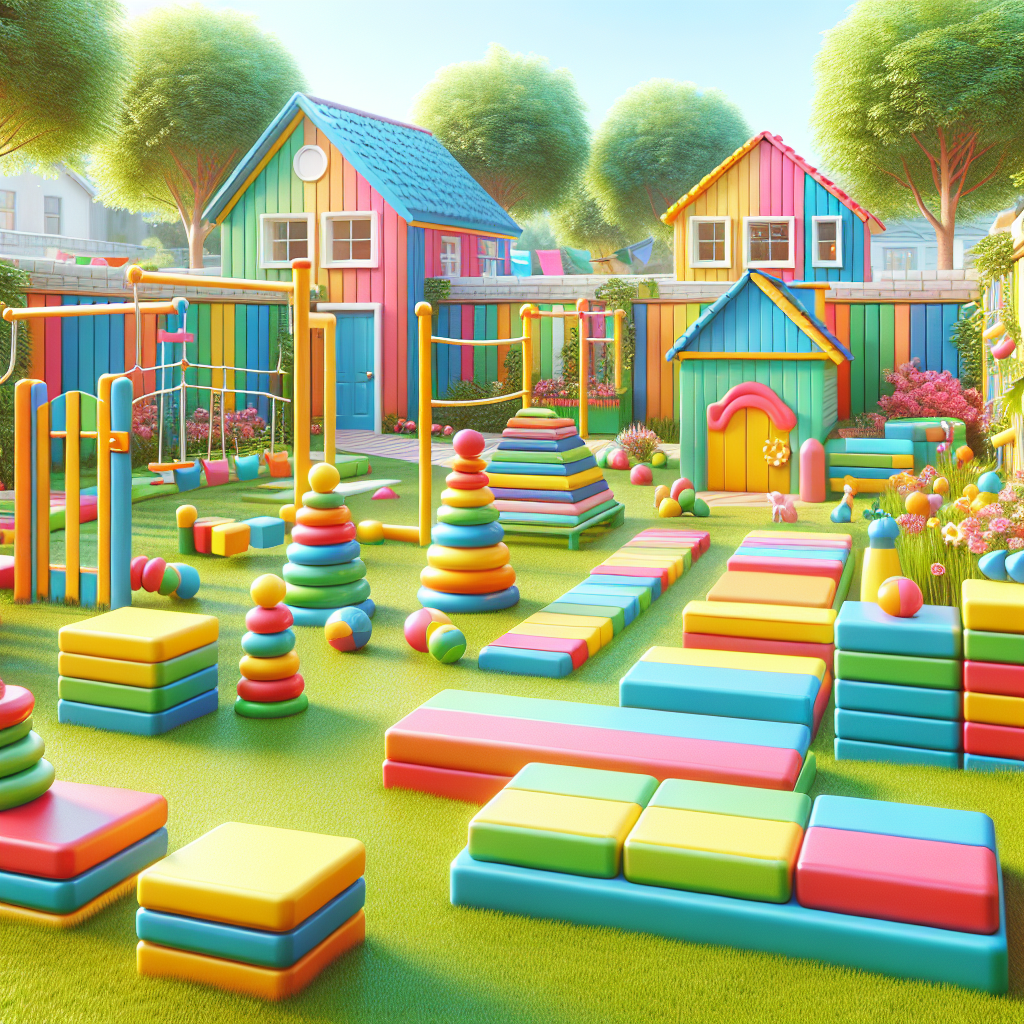 A colorful backyard obstacle course featuring various stepping stones and balance beams for kids