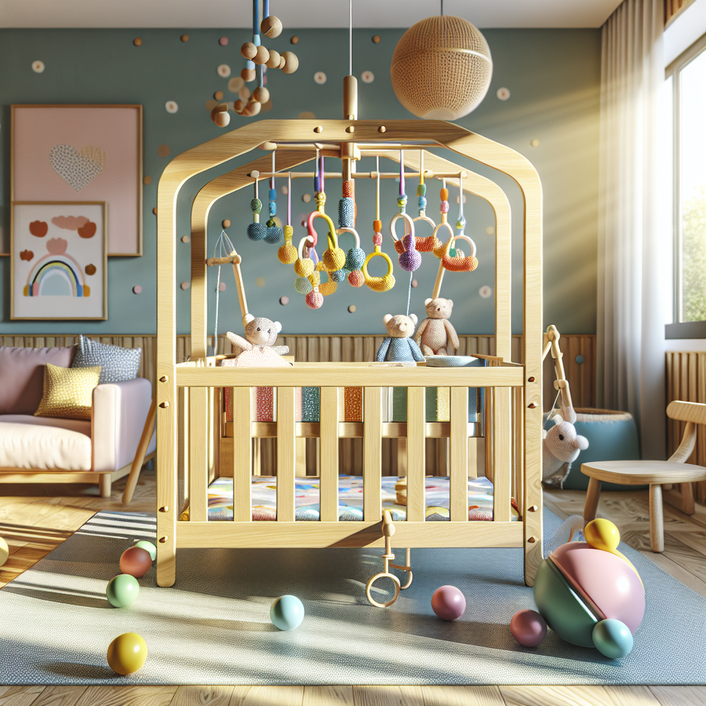 A stylish wooden Montessori play gym in a bright nursery setting with colorful hanging toys