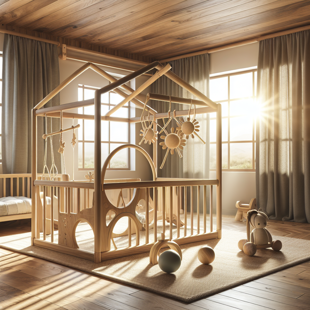 A beautifully designed Montessori wood play gym in a stylish nursery setting with natural light