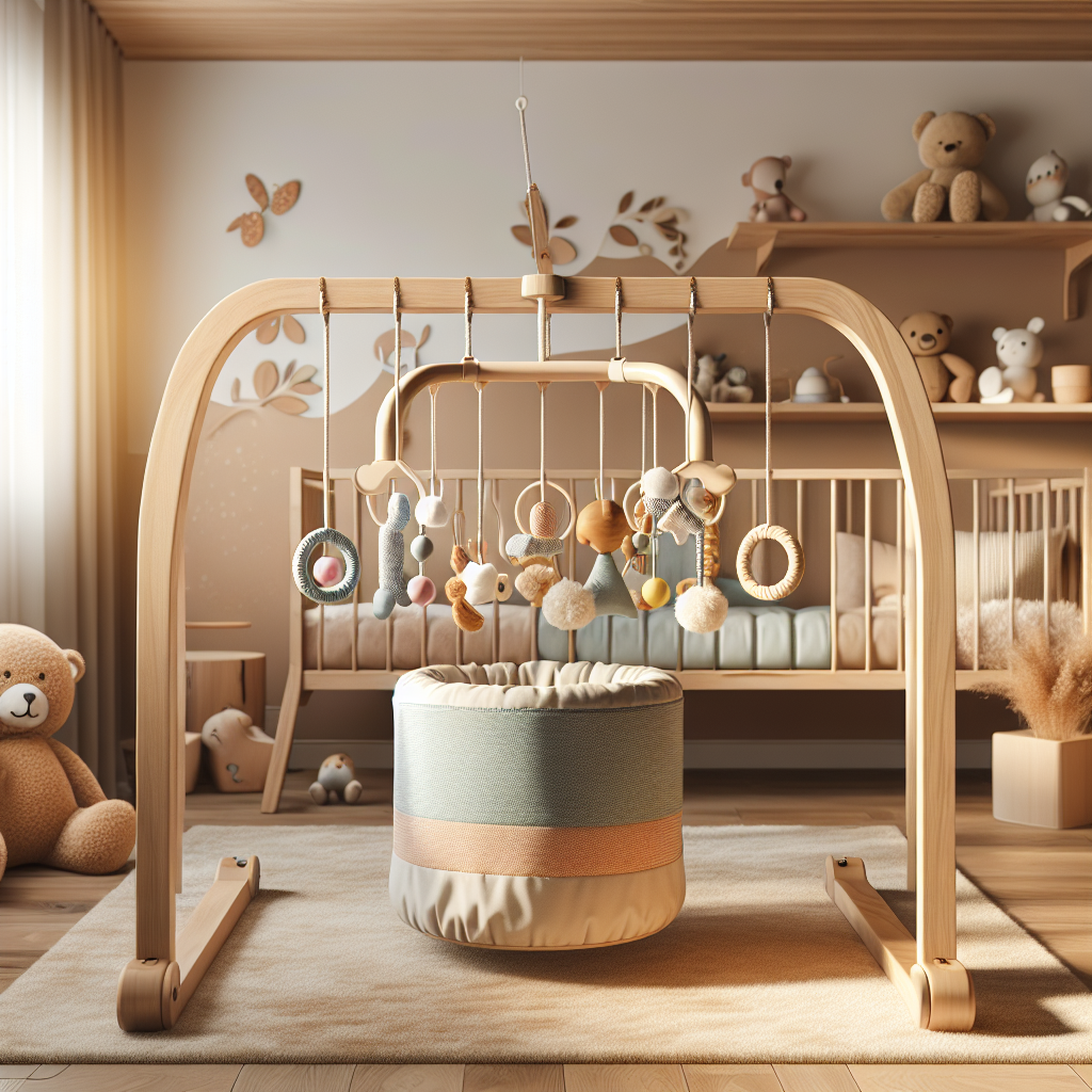 A stylish wooden Montessori baby gym in a cozy nursery setting, featuring natural materials and colorful hanging toys