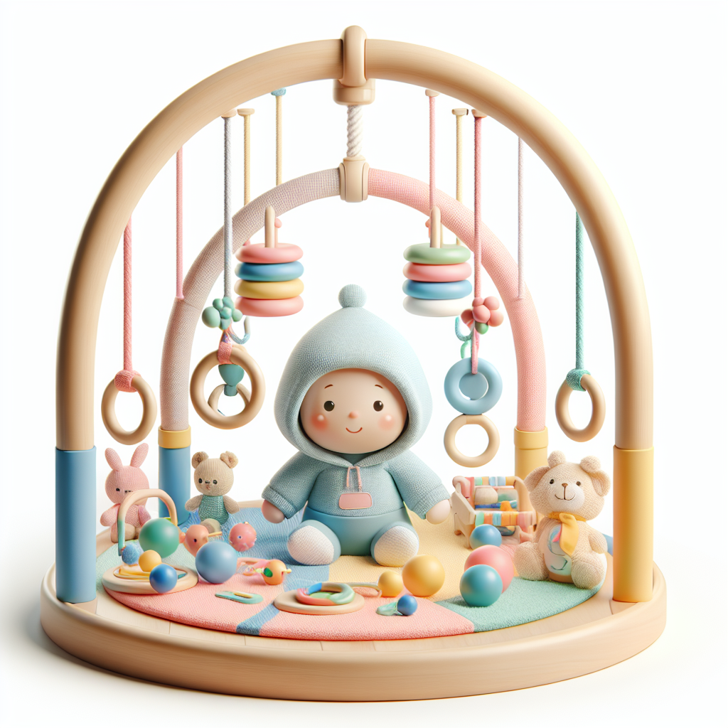 A colorful infants play gym with hanging toys, soft textures, and a cozy atmosphere suitable for babies