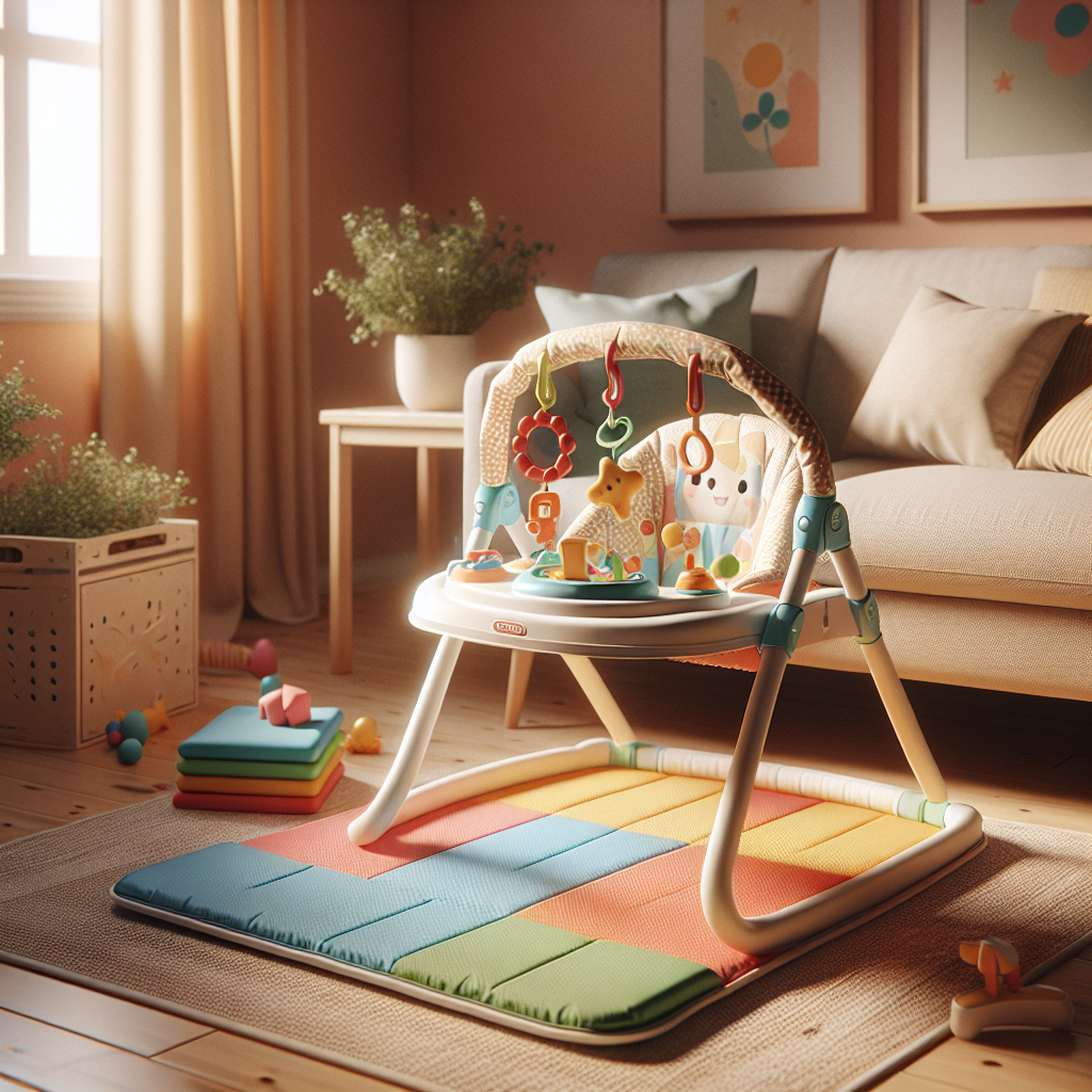 A cozy living room featuring a compact foldable infant activity center next to a colorful padded tummy time mat