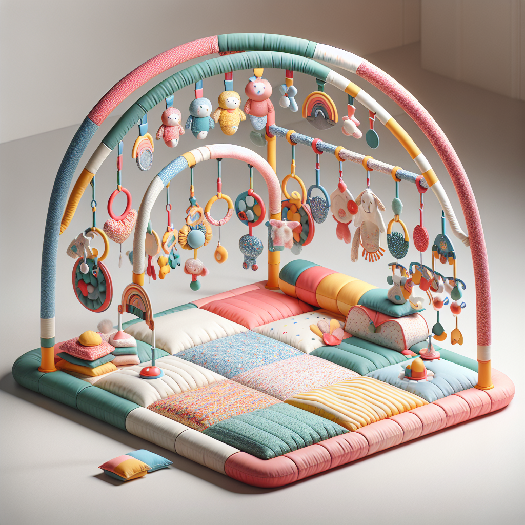 A clean and colorful infant play gym setup with various hanging toys, soft mat, and cheerful decor