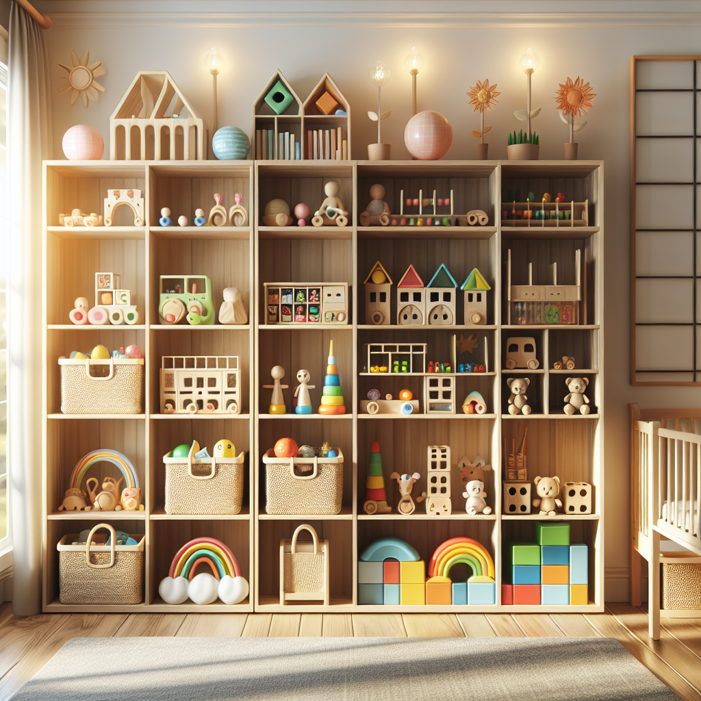 A beautifully arranged Montessori toy shelf in a bright playroom, featuring wooden shelves filled with colorful educational toys, promoting open-ended play and child development