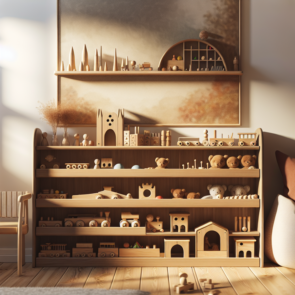 A beautifully organized Montessori toy shelf with wooden toys displayed on low shelves in a bright playroom