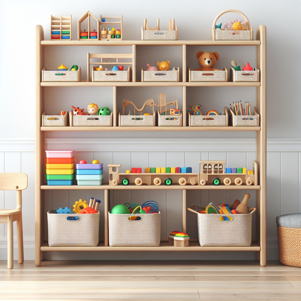 A beautifully organized Montessori toy shelf made of wood, featuring colorful bins and educational toys, in a bright and airy playroom setting