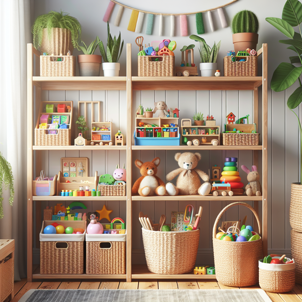 A beautifully organized Montessori-inspired toy shelf in a bright playroom, featuring wooden shelves filled with colorful educational toys, baskets, and plants
