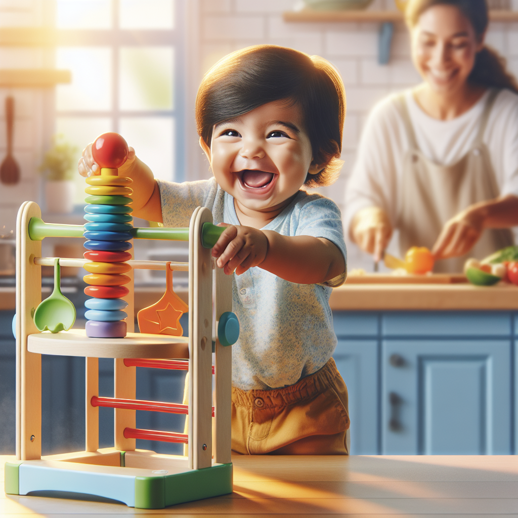 A joyful toddler using a colorful wooden learning tower in a bright kitchen, helping an adult cook
