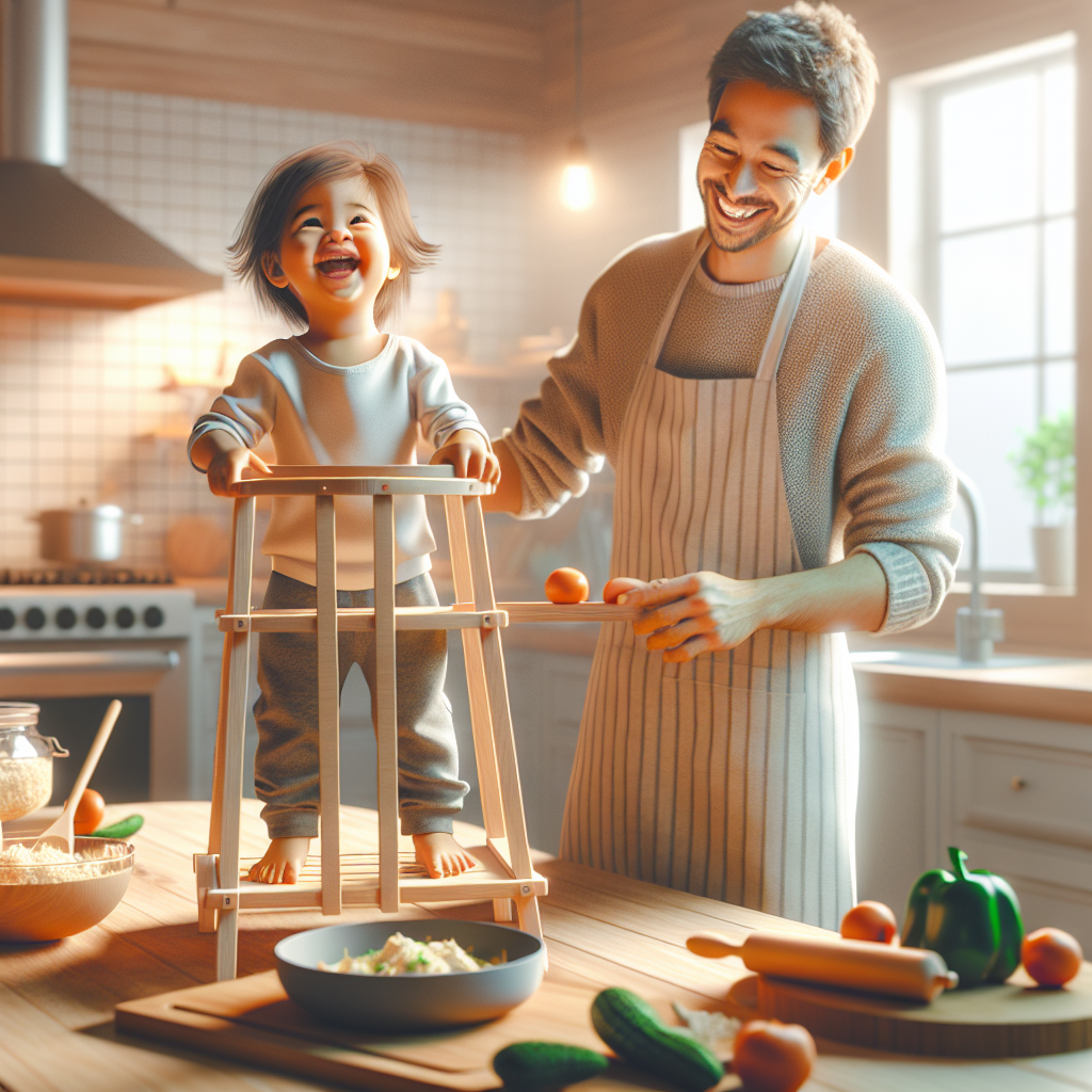 A happy toddler standing on a wooden learning tower in a bright kitchen, helping an adult cook