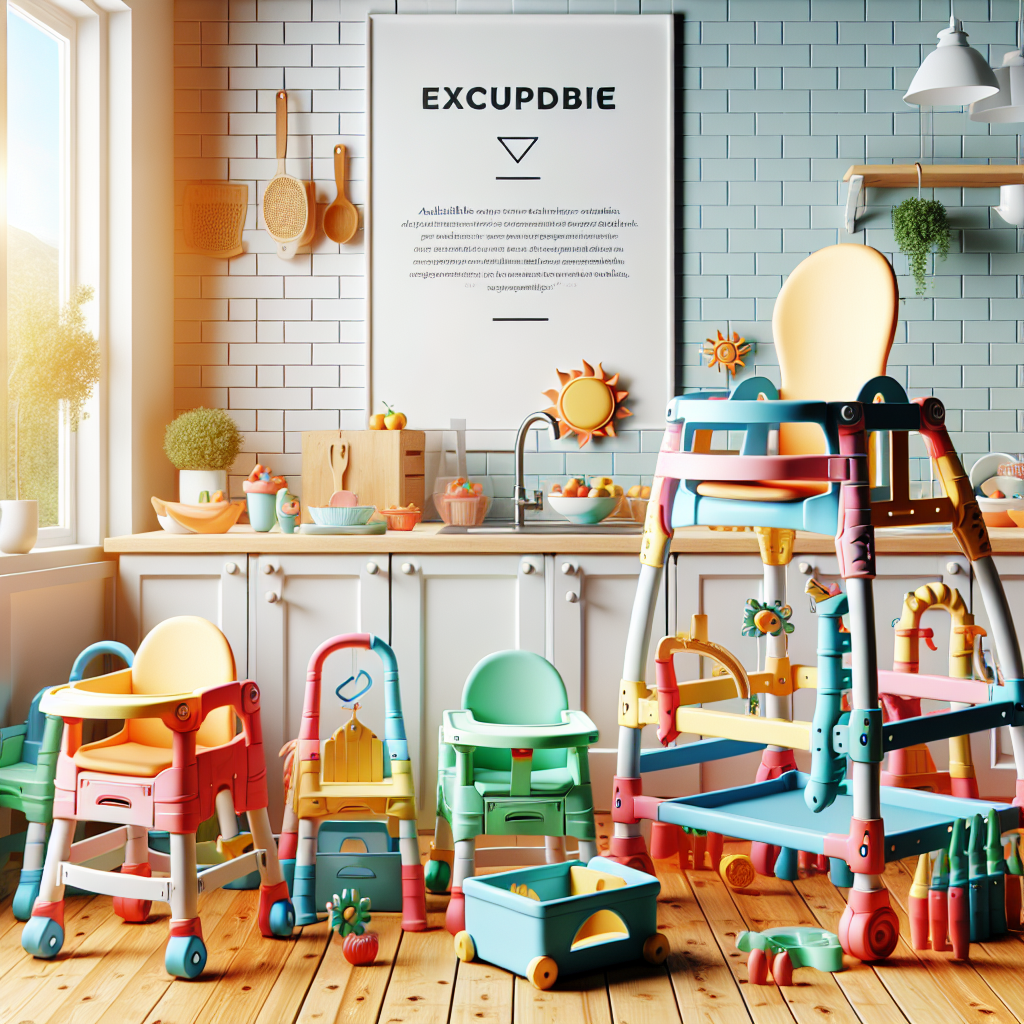 A colorful display of various types of toddler towers including adjustable, folding, convertible, and portable models in a bright kitchen setting