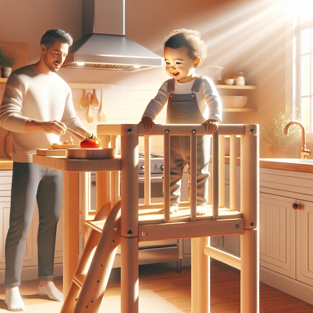 A bright and cheerful kitchen scene featuring a toddler standing on a colorful adjustable learning tower while helping an adult cook. The tower is made of natural wood and has safety rails.