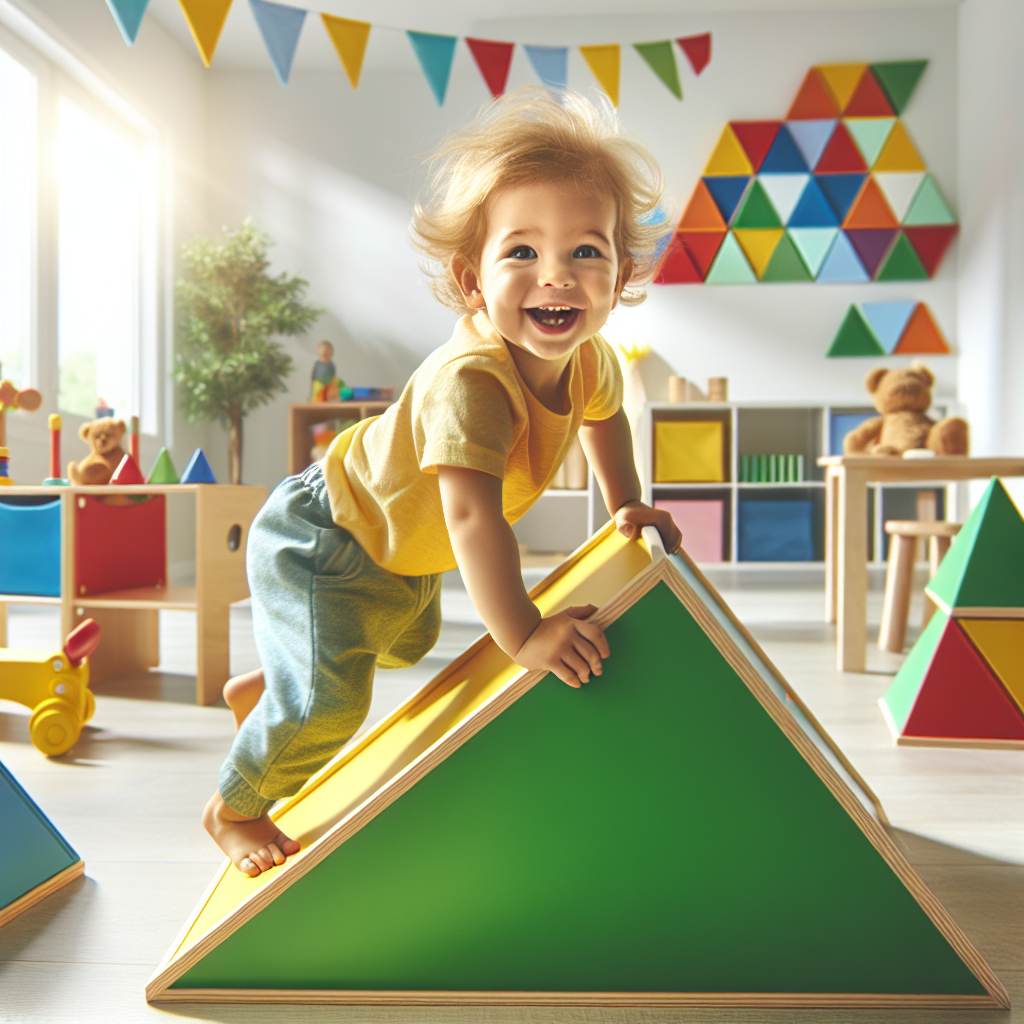 A joyful toddler climbing on a colorful Pikler triangle in a bright indoor playroom filled with Montessori toys
