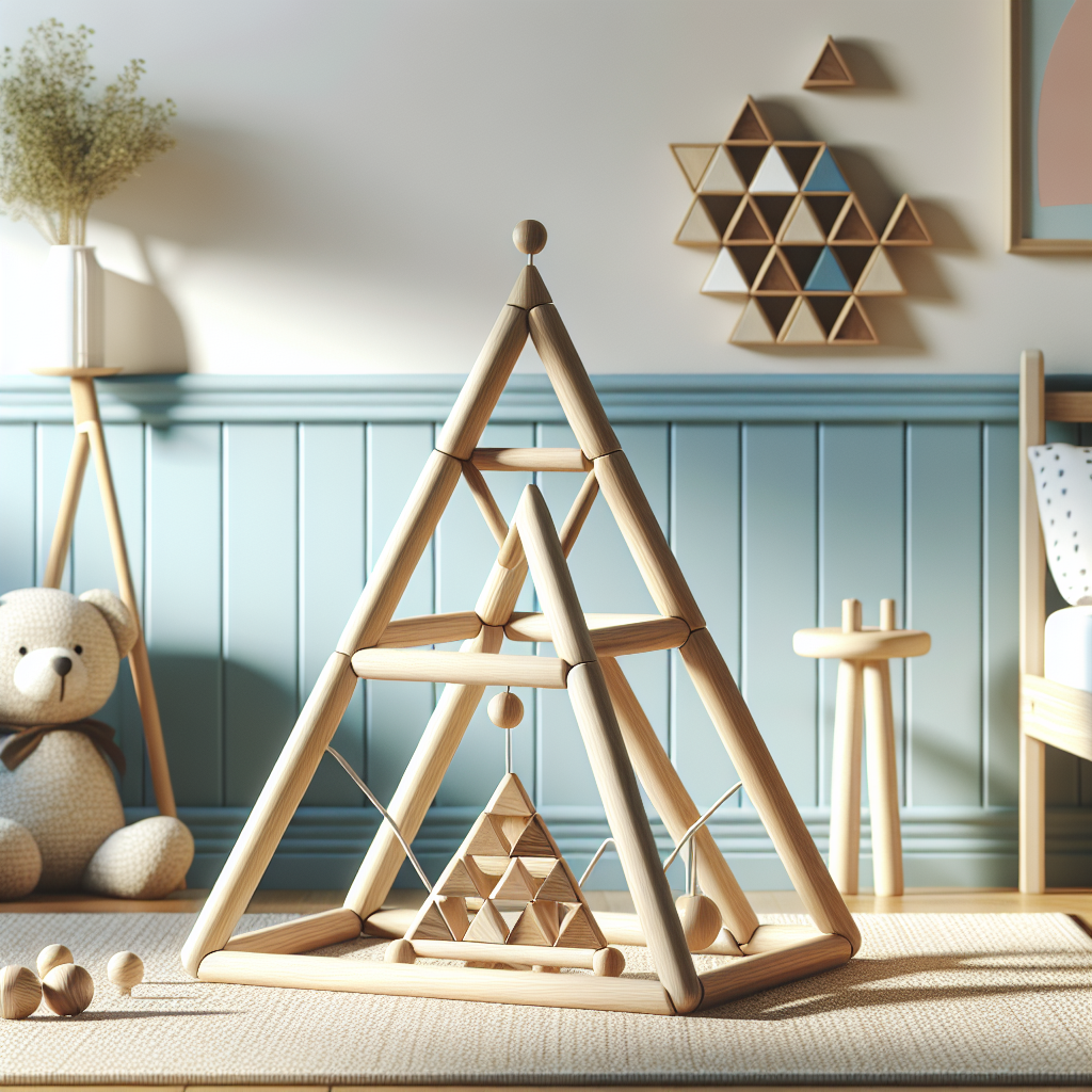 A beautifully designed Pikler triangle made from natural wood in a bright and playful children's room