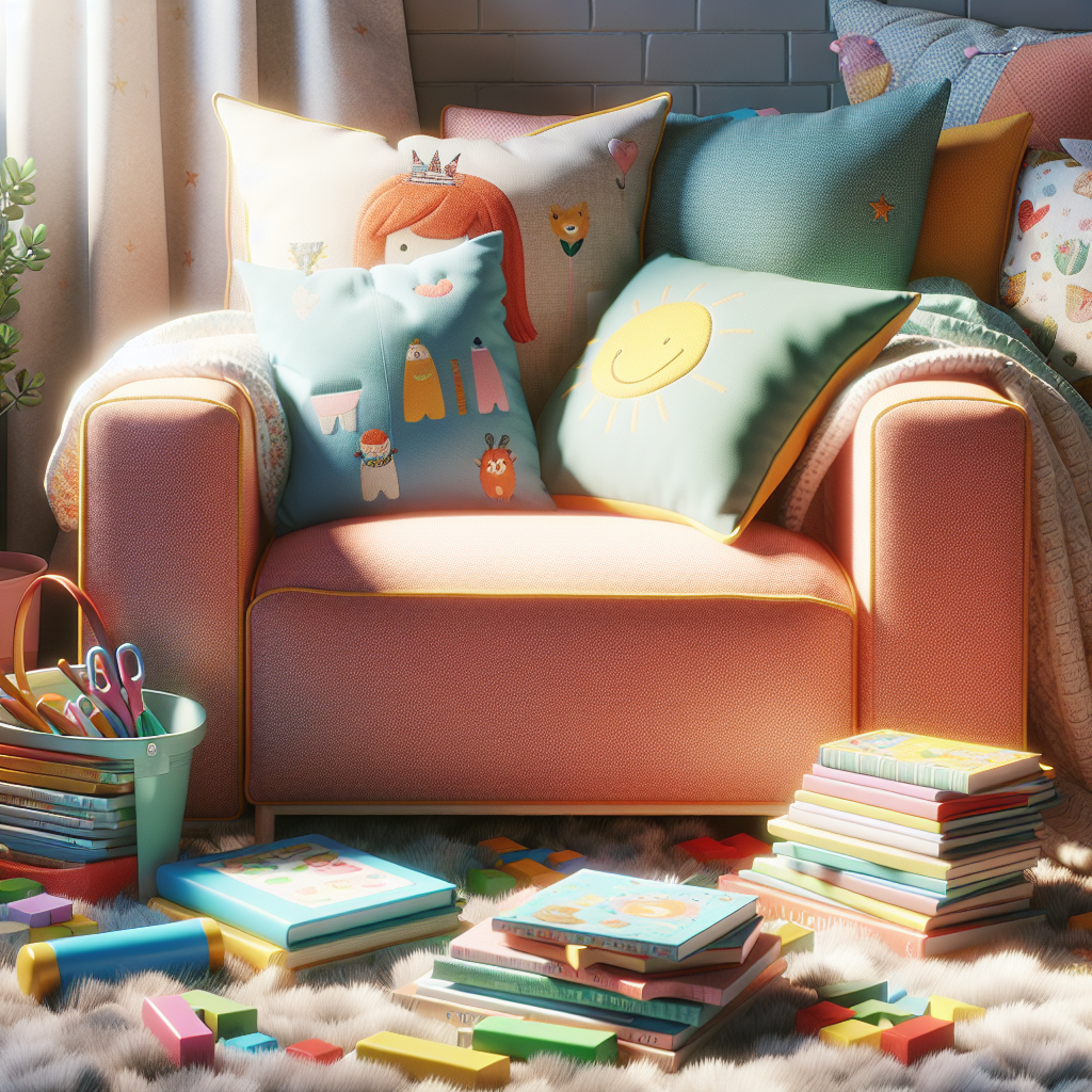 A cozy reading corner featuring a colorful children's lounge chair with pillows and books scattered around