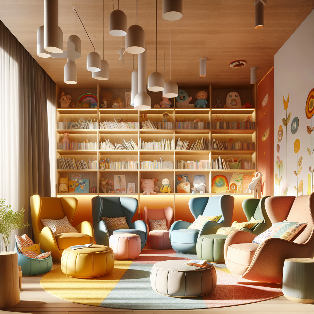 A colorful selection of children's lounge chairs including a toddler chair, themed armchair, and a kids recliner in a cozy reading corner