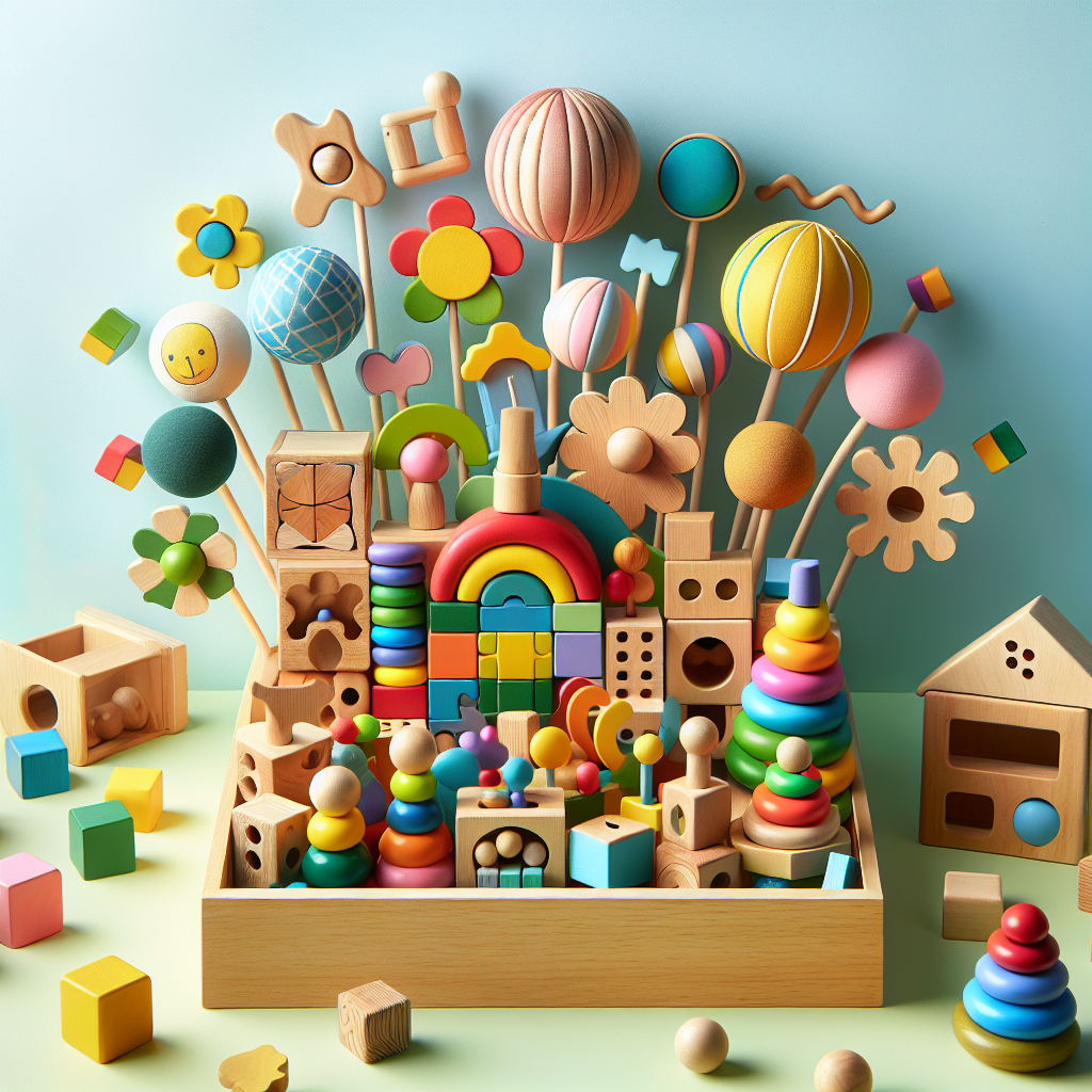 A colorful arrangement of various Montessori toys for 3 year olds including wooden puzzles, sensory balls, and stacking blocks in a playful setting