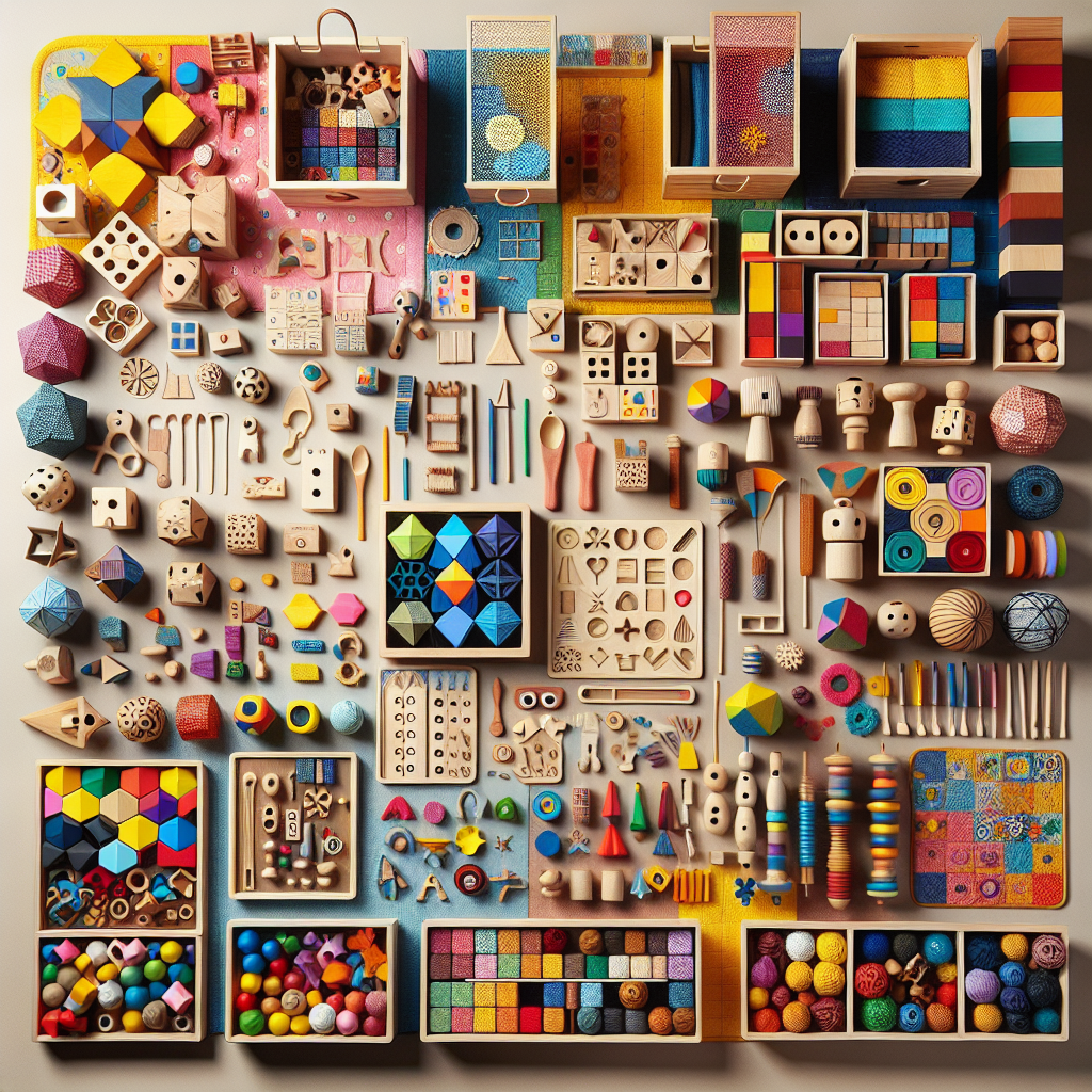 A colorful assortment of Montessori toys including wooden blocks, STEM kits, sensory bins, and educational puzzles laid out on a playful mat