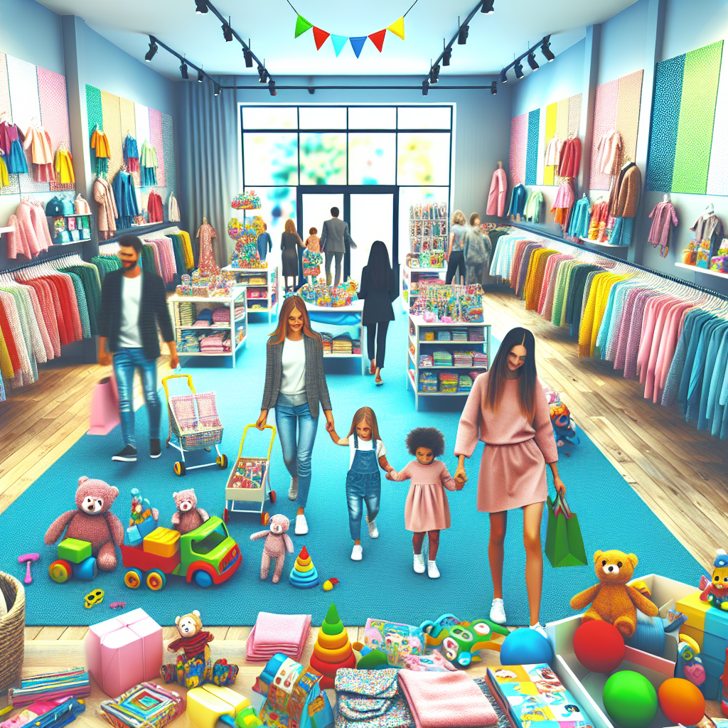 A vibrant interior of a specialty children's store filled with colorful kids clothing and toys, showcasing happy parents shopping with their children.