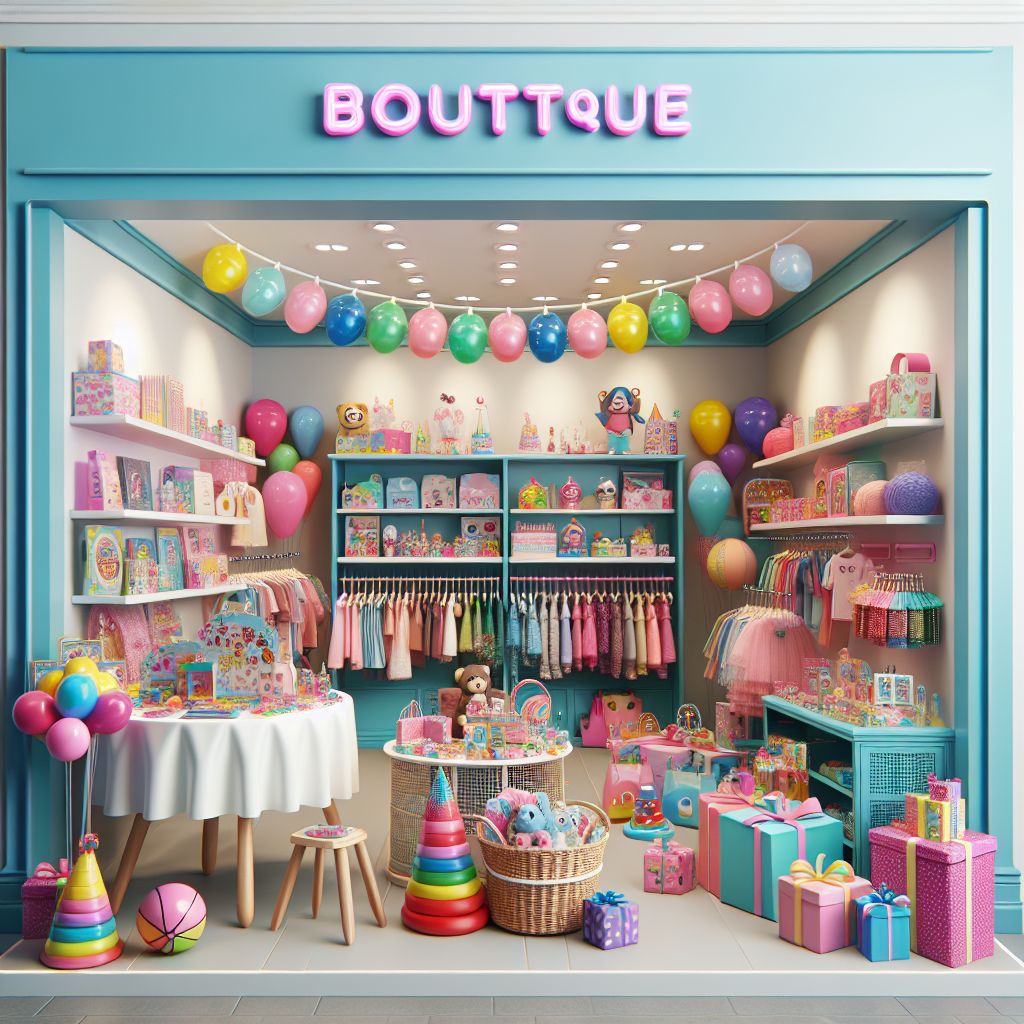 A vibrant children's boutique filled with colorful toys, clothes, and party supplies for kids of all ages