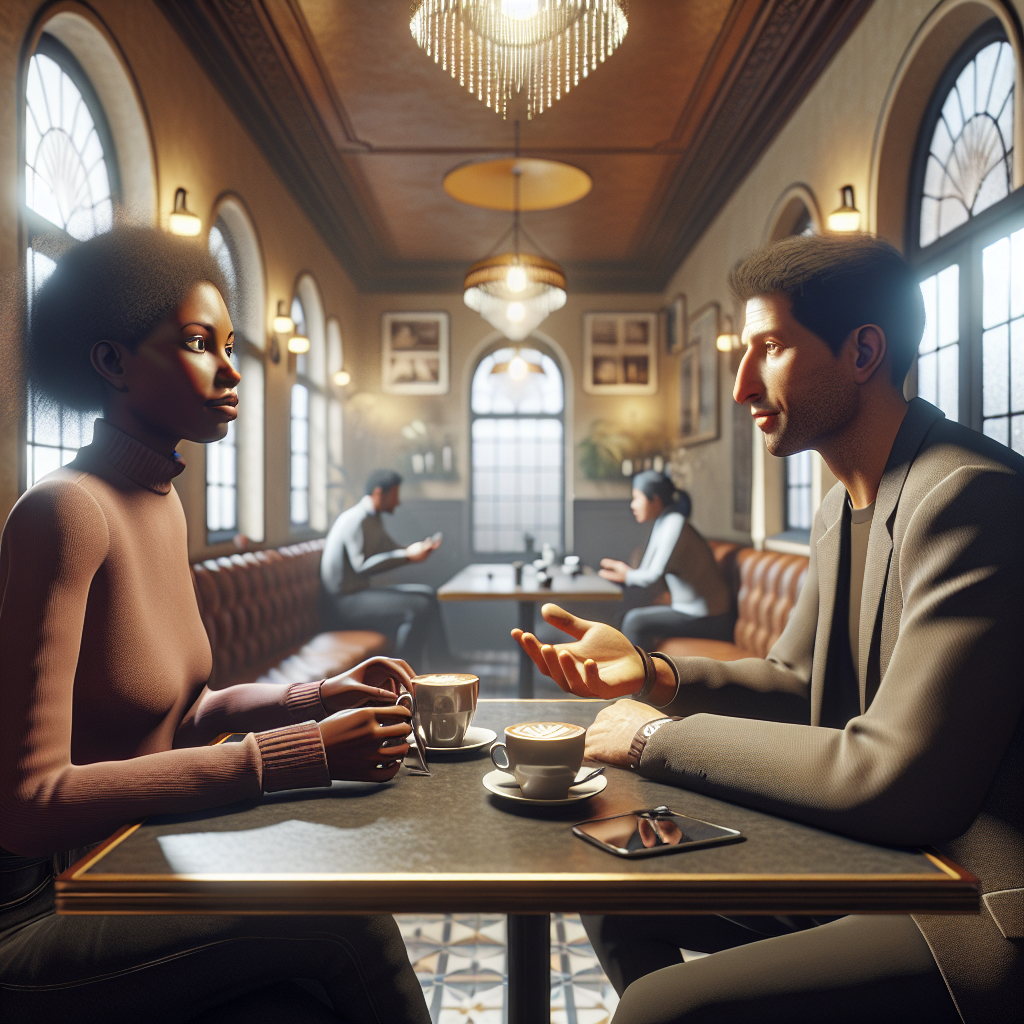 A couple sitting at a café discussing their relationship boundaries with open body language